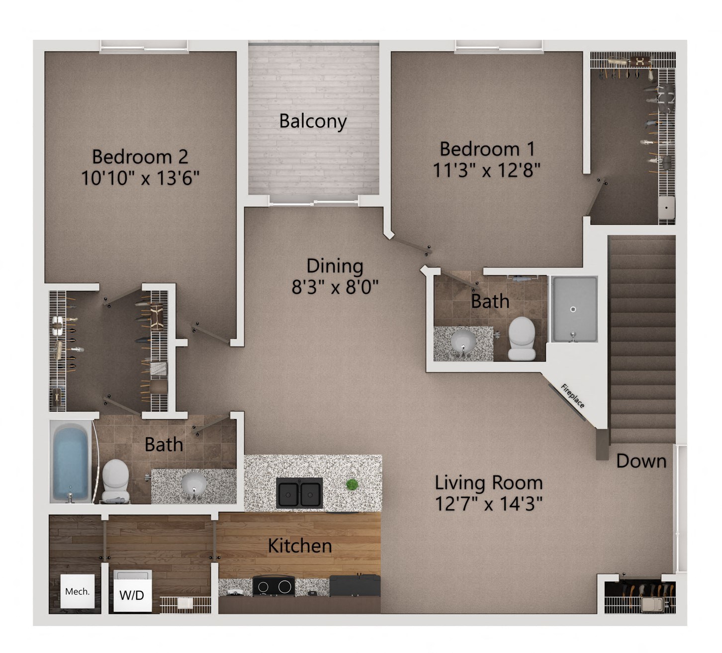 two bedroom floor plan including a living room with a fireplace and a dining room